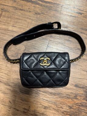 CHANEL Black Quilted Leather Belt Bag with Gold CC